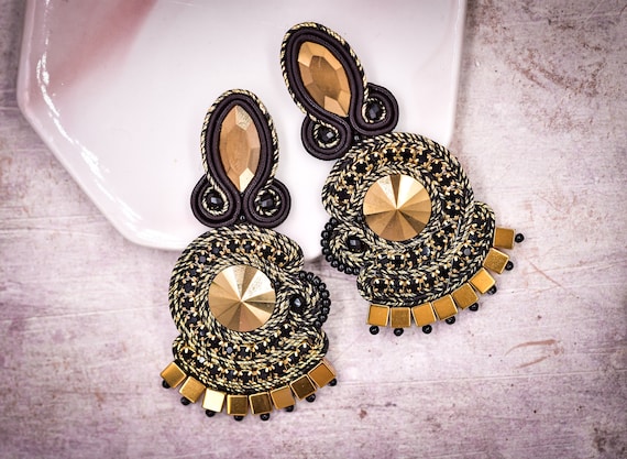 Fancy Gold-black Soutache Stud Earrings Uniquely Handcrafted - Etsy